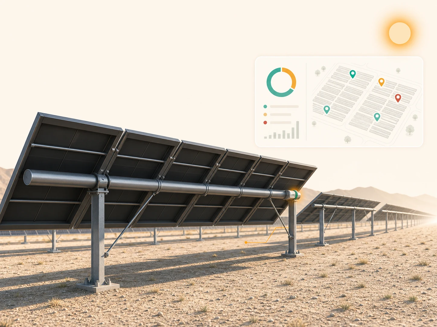 Vista posterior de seguidores solares con el nodo TrackerGuard montado detrás del plano del panel